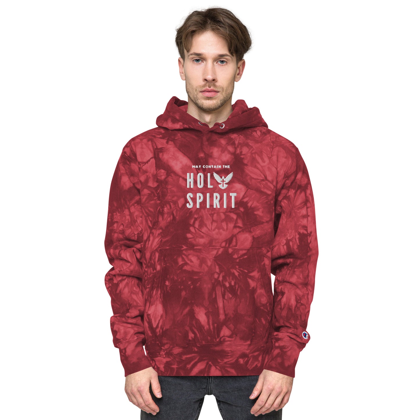 Unisex Champion tie-dye hoodie: May Contain the Holy Spirit