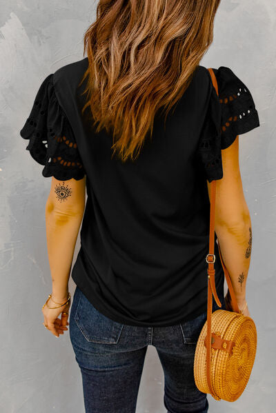 Round Neck Openwork Flutter Sleeve Top