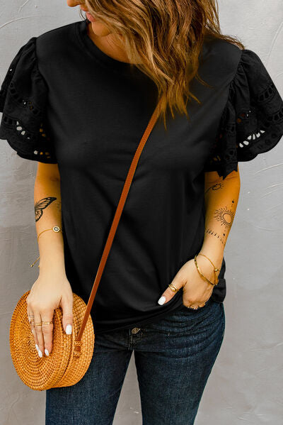 Round Neck Openwork Flutter Sleeve Top