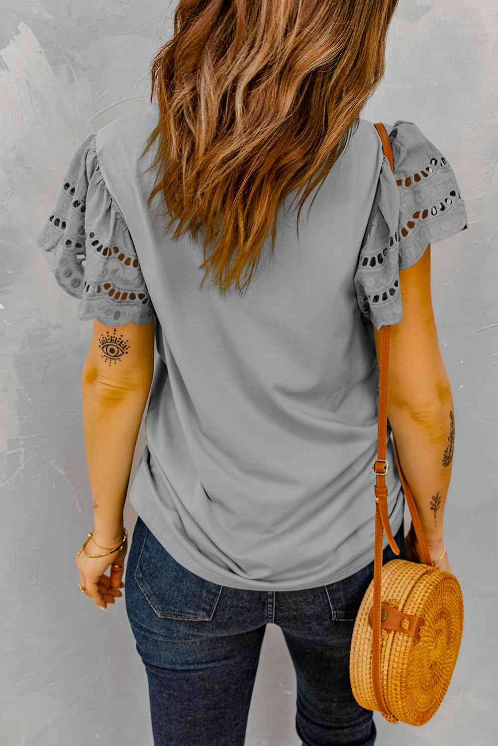 Round Neck Openwork Flutter Sleeve Top
