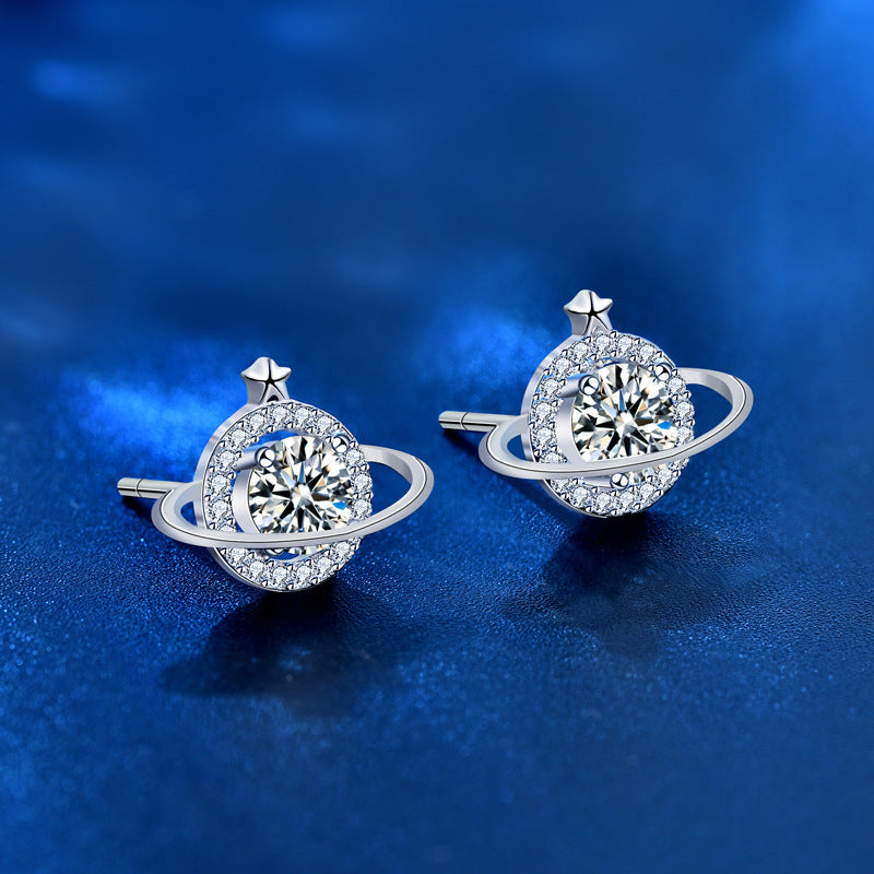 Moissanite CZ Celestial Planet Star 925 Sterling Silver Stud Earrings