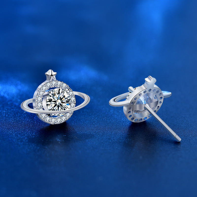 Moissanite CZ Celestial Planet Star 925 Sterling Silver Stud Earrings