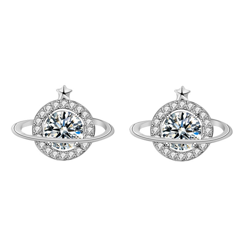 Moissanite CZ Celestial Planet Star 925 Sterling Silver Stud Earrings