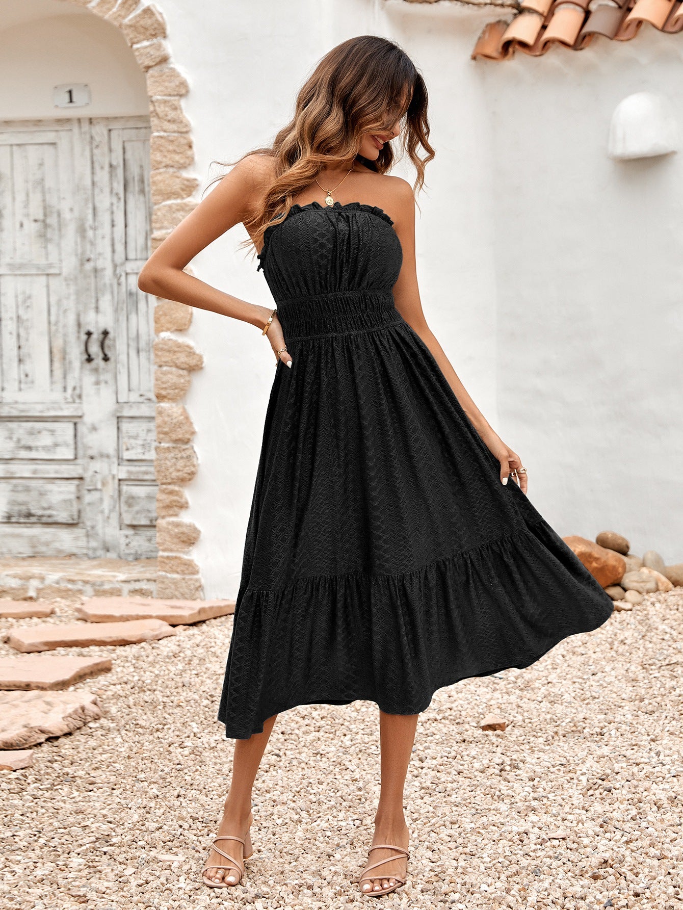 Summer Frills Strapless Midi Dress