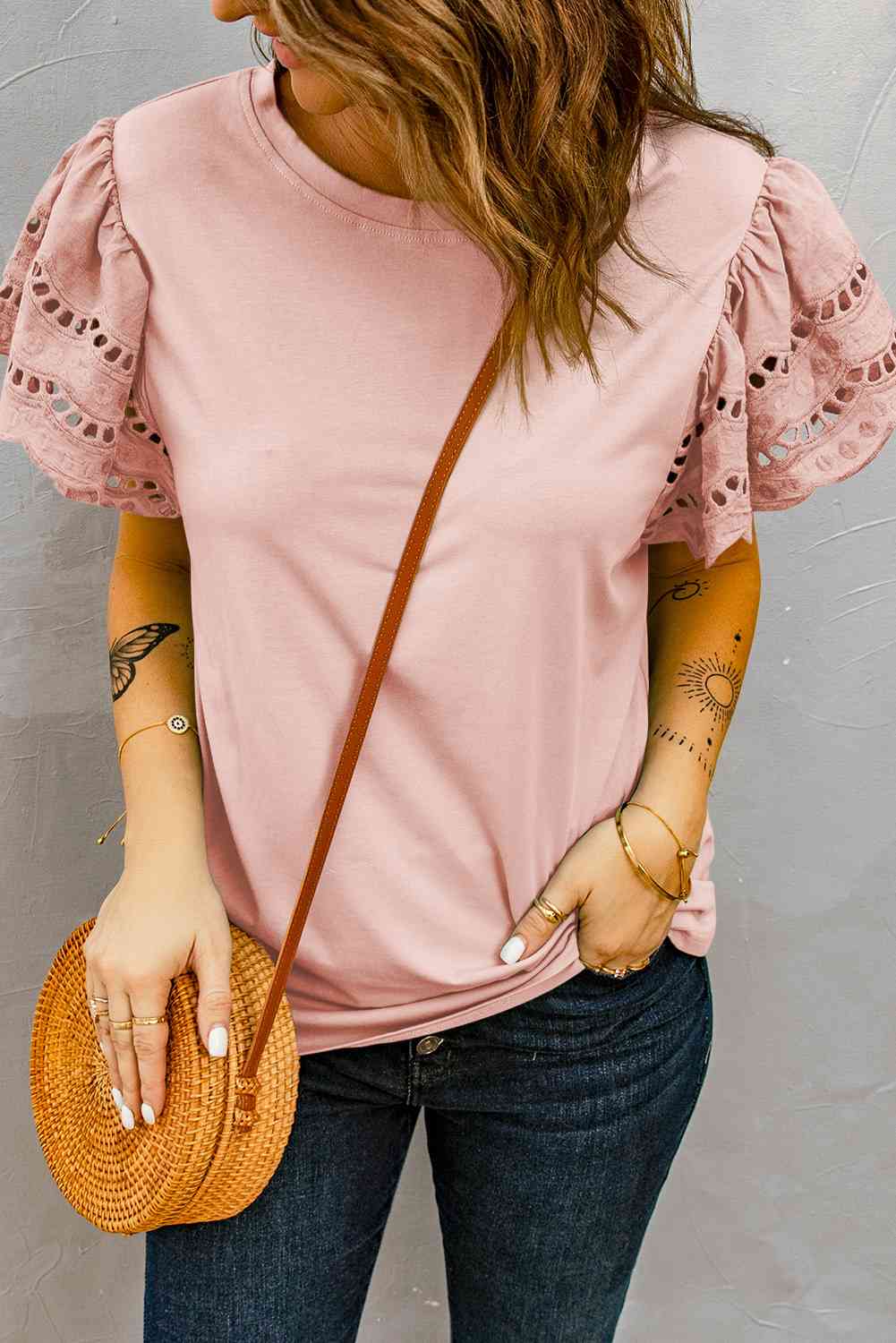 Round Neck Openwork Flutter Sleeve Top
