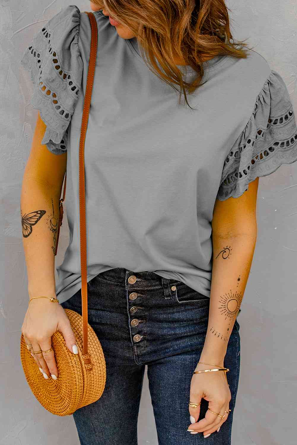 Round Neck Openwork Flutter Sleeve Top