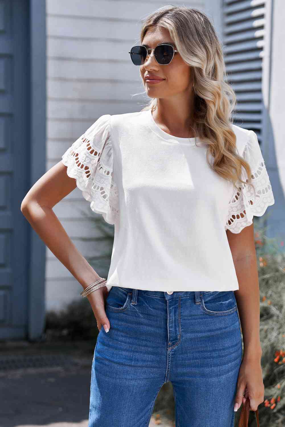 Round Neck Openwork Flutter Sleeve Top