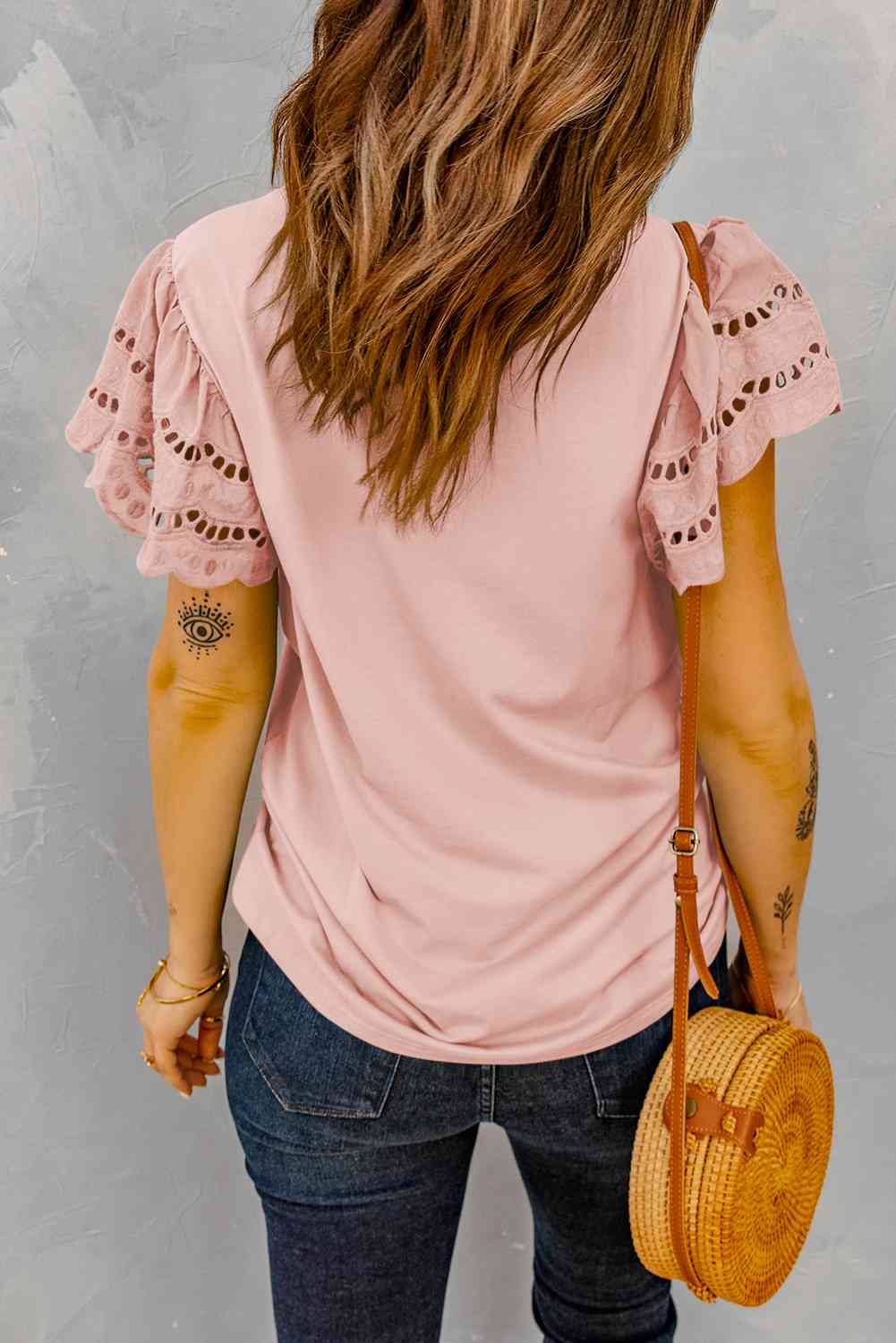 Round Neck Openwork Flutter Sleeve Top