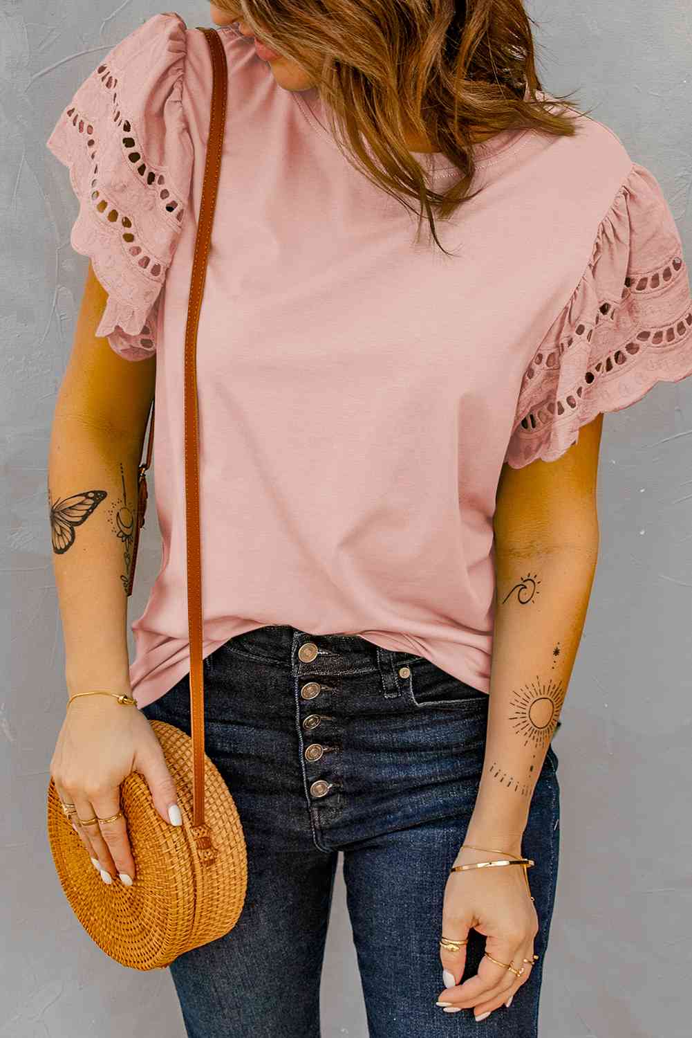 Round Neck Openwork Flutter Sleeve Top