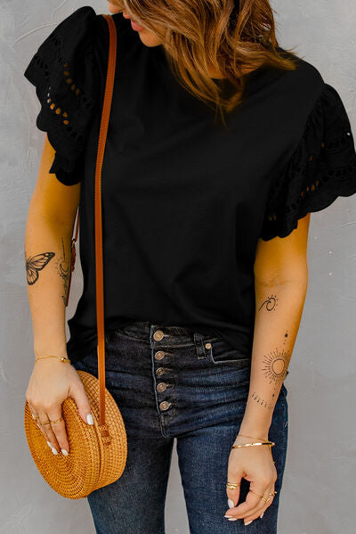 Round Neck Openwork Flutter Sleeve Top