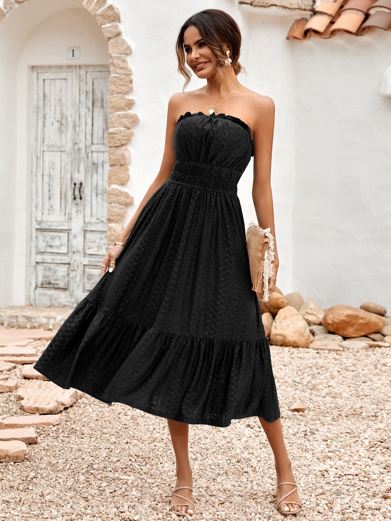 Summer Frills Strapless Midi Dress