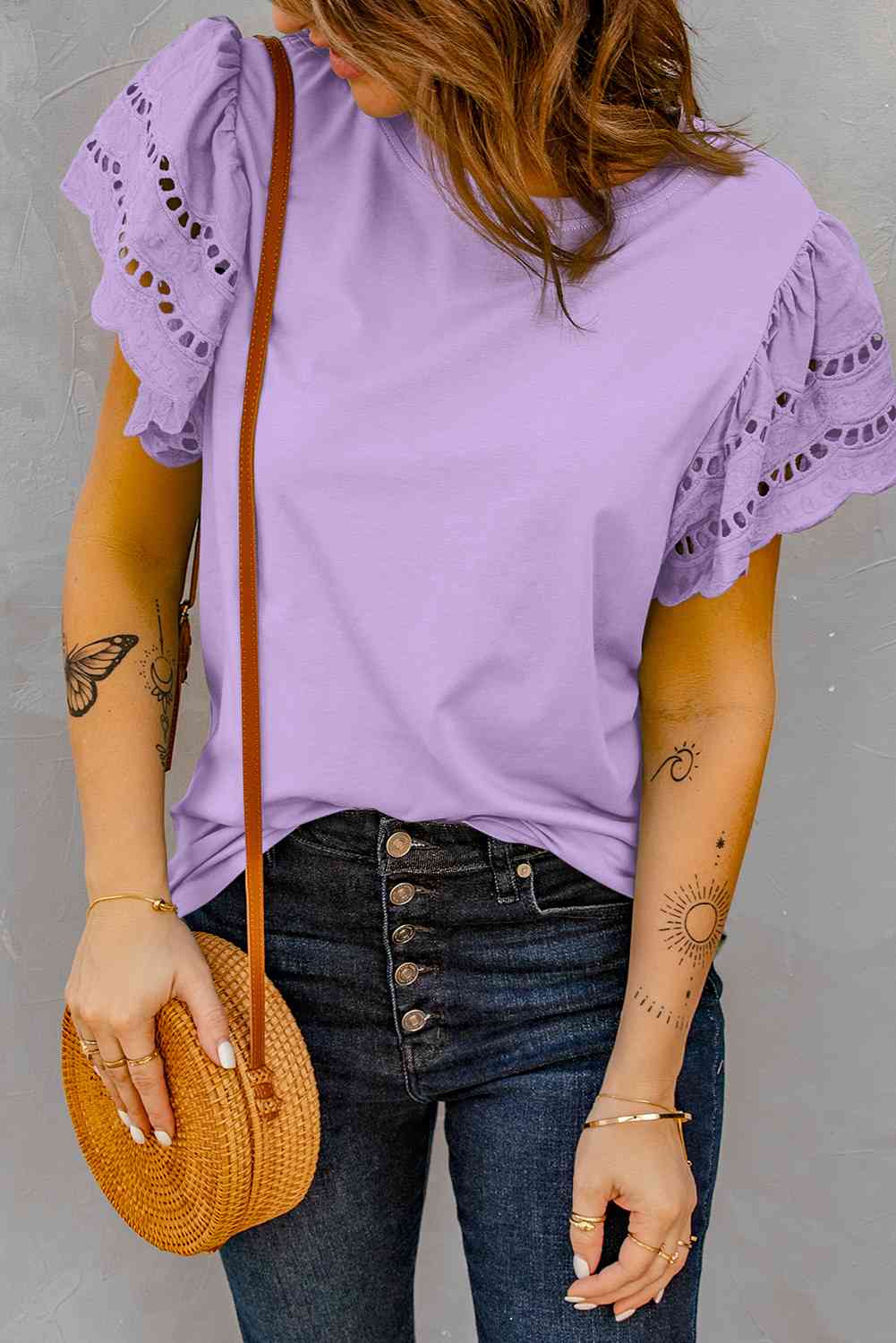 Round Neck Openwork Flutter Sleeve Top