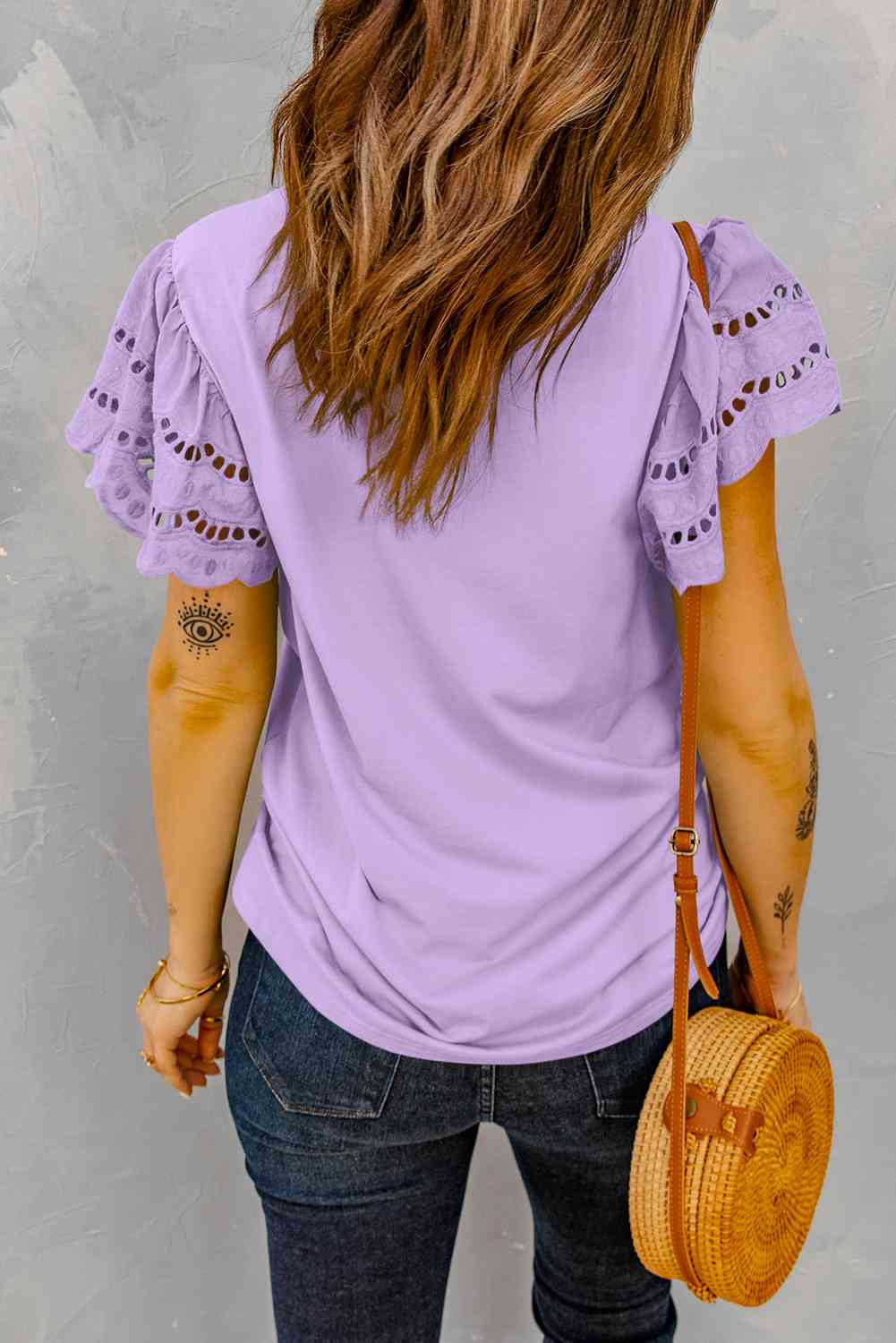 Round Neck Openwork Flutter Sleeve Top