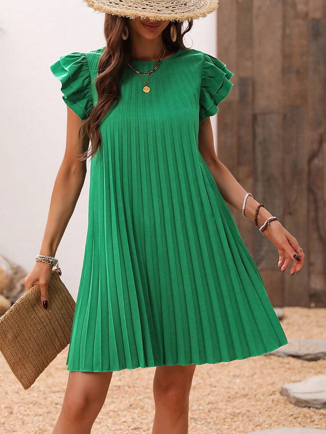 Pleated Round Neck Cap Sleeve Mini Dress