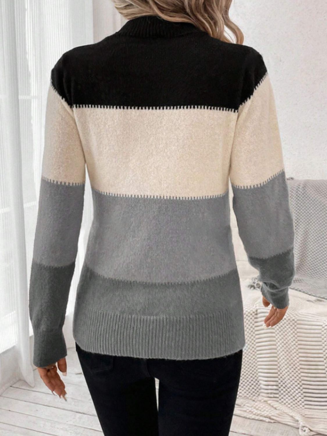 Color Block Mock Neck Long Sleeve Sweater