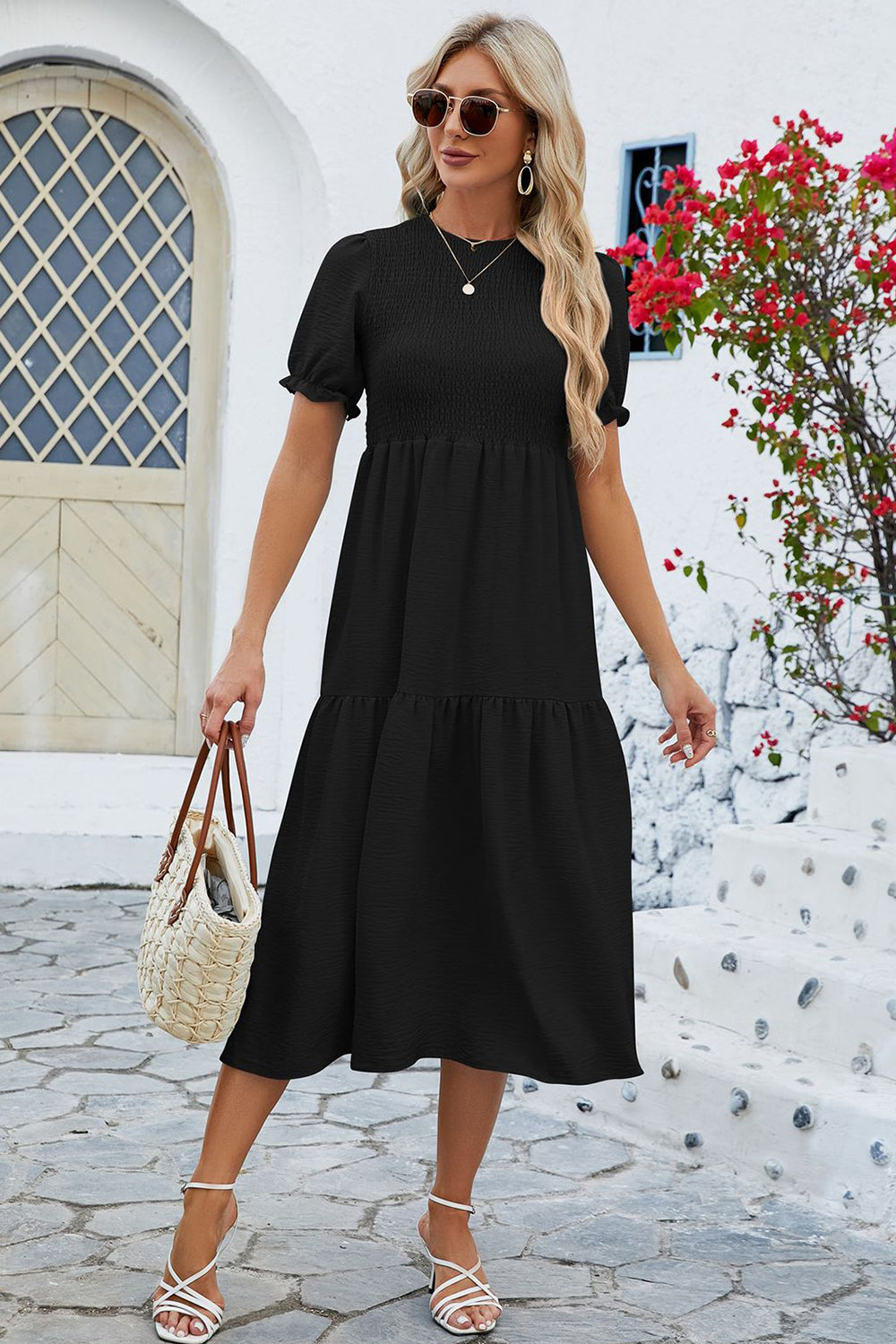 Smocked Round Neck Flounce Sleeve Midi Dress