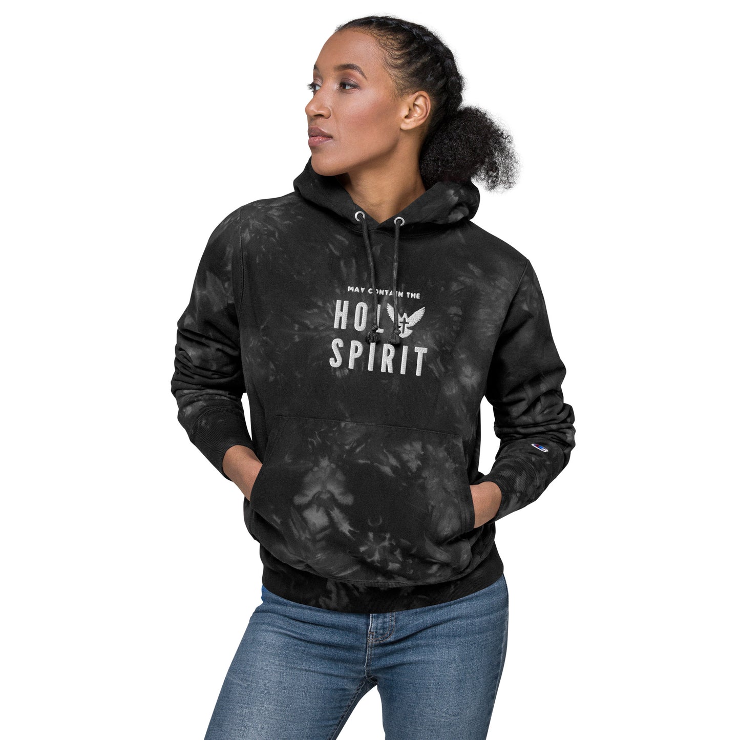 Unisex Champion tie-dye hoodie: May Contain the Holy Spirit