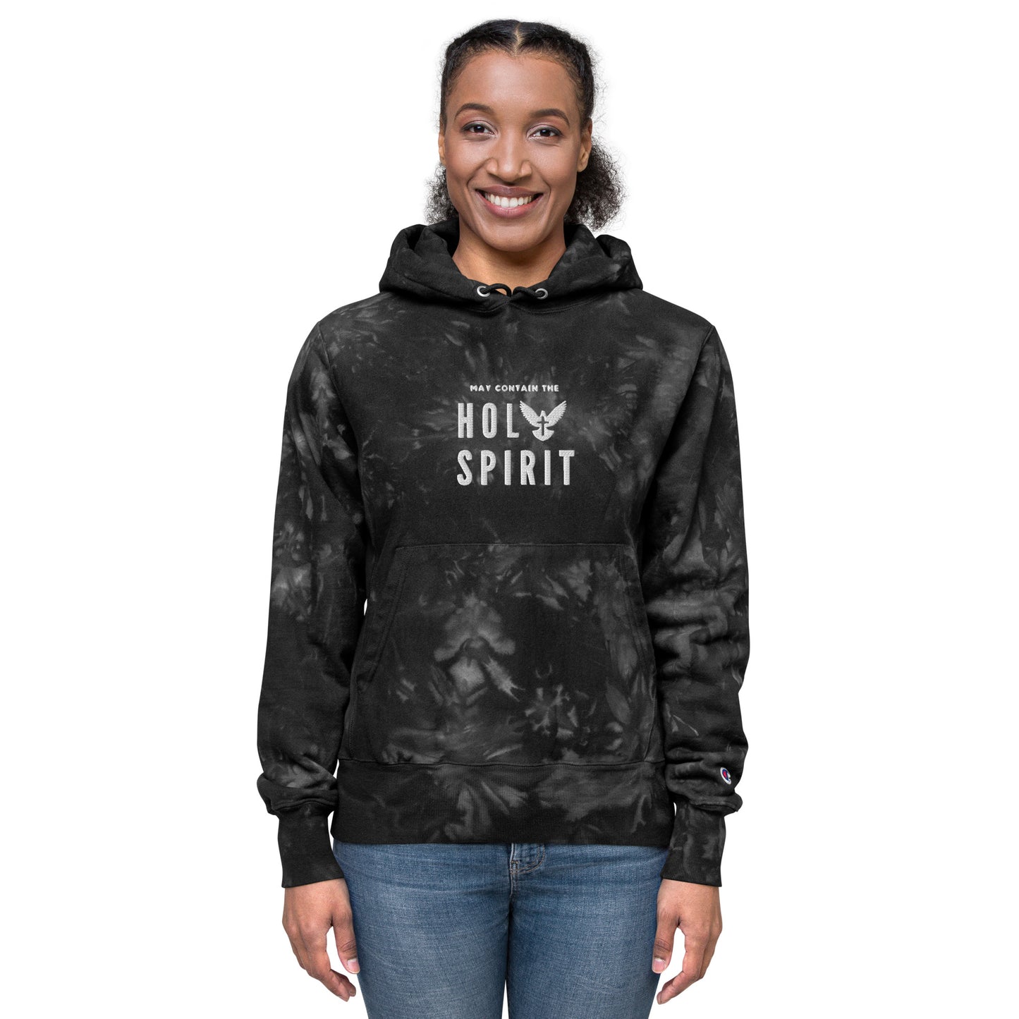 Unisex Champion tie-dye hoodie: May Contain the Holy Spirit