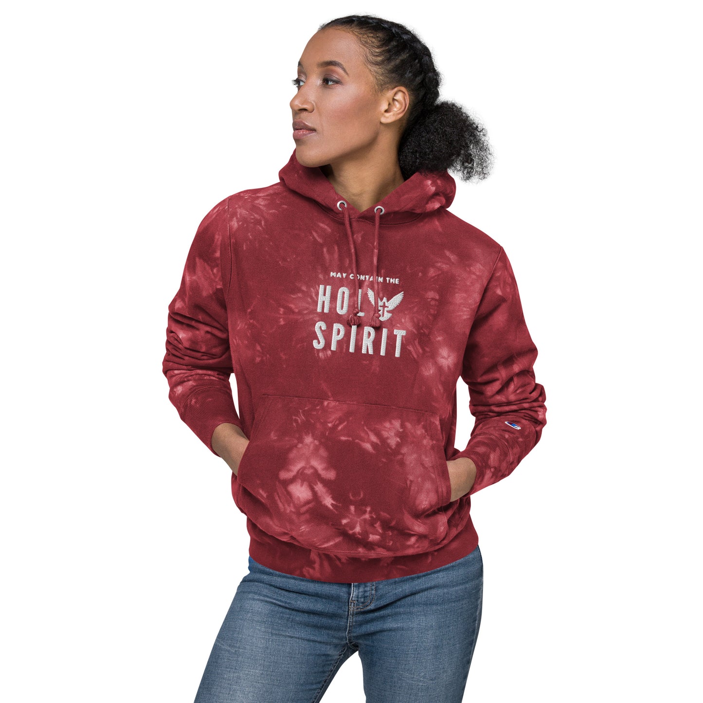 Unisex Champion tie-dye hoodie: May Contain the Holy Spirit