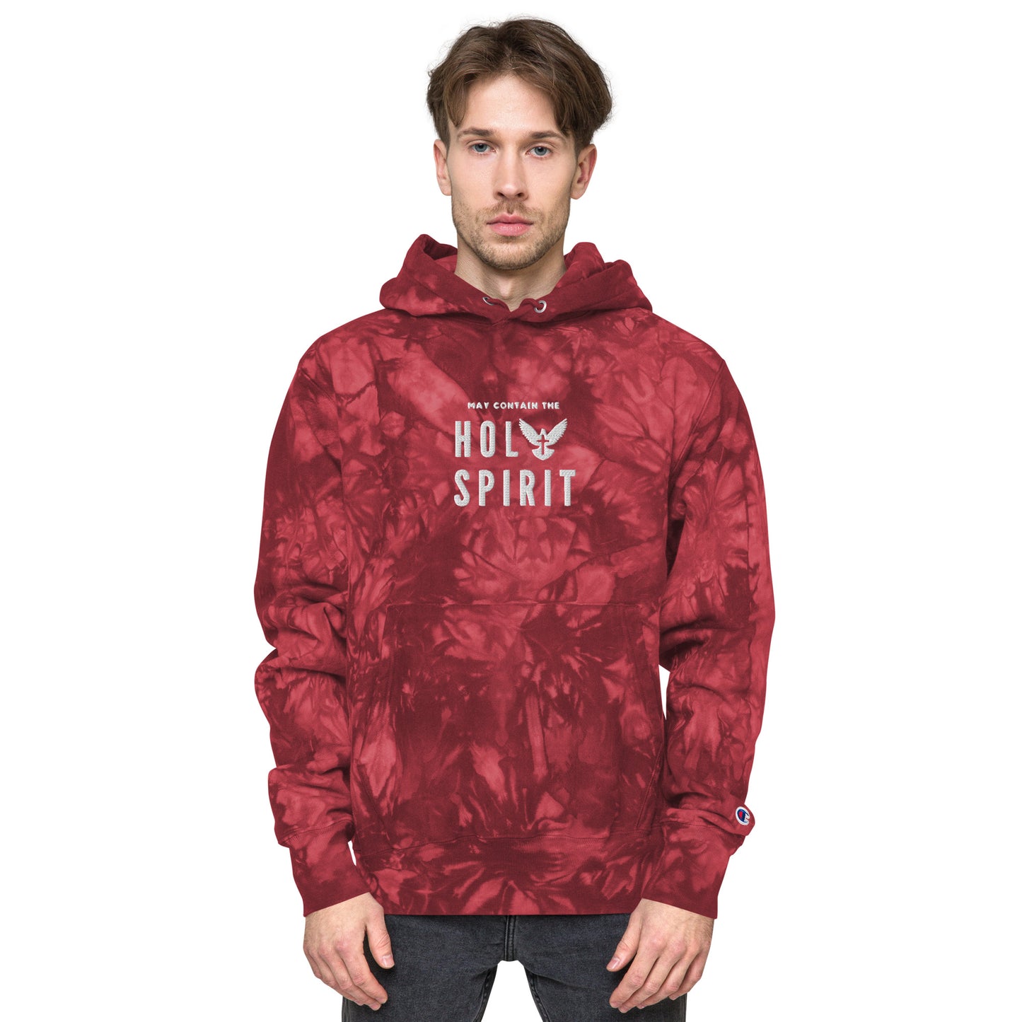 Unisex Champion tie-dye hoodie: May Contain the Holy Spirit