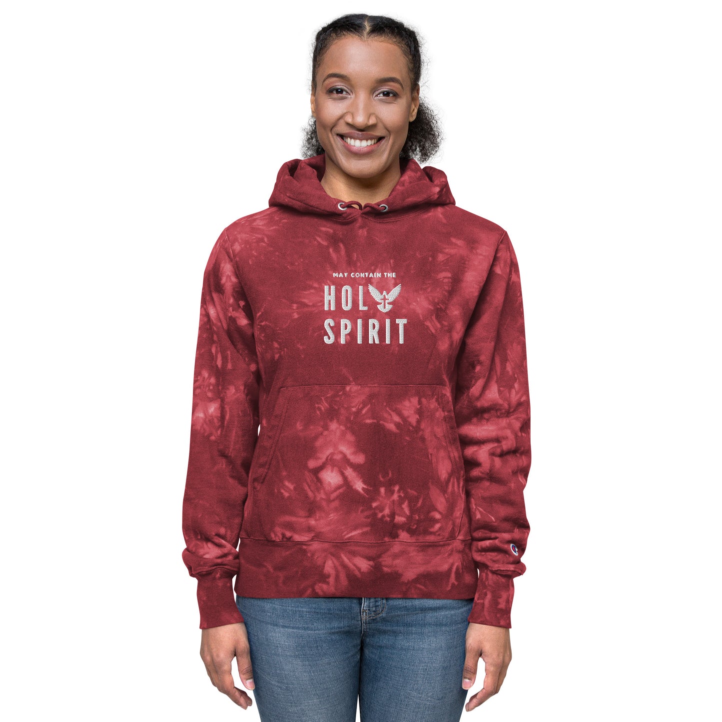 Unisex Champion tie-dye hoodie: May Contain the Holy Spirit