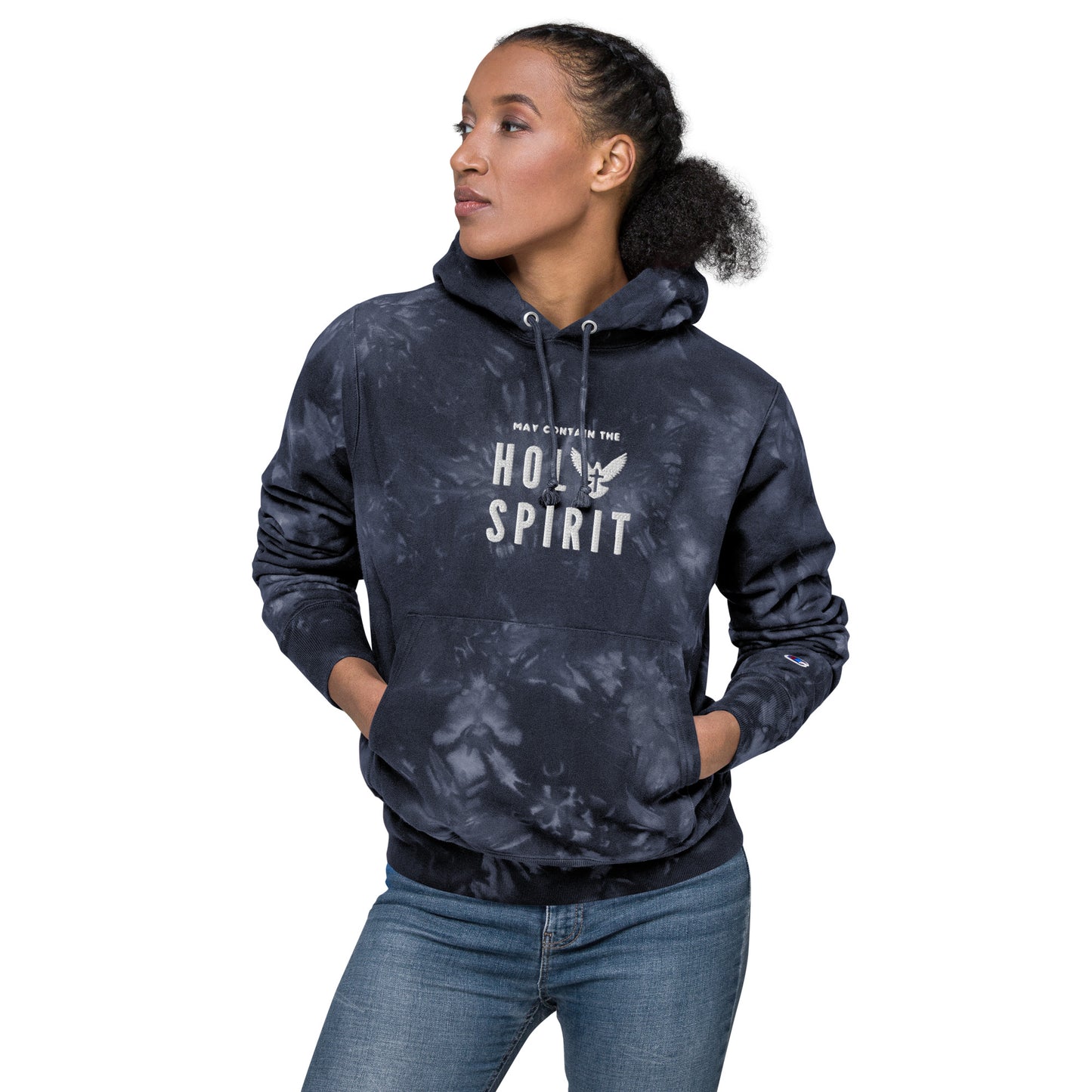 Unisex Champion tie-dye hoodie: May Contain the Holy Spirit