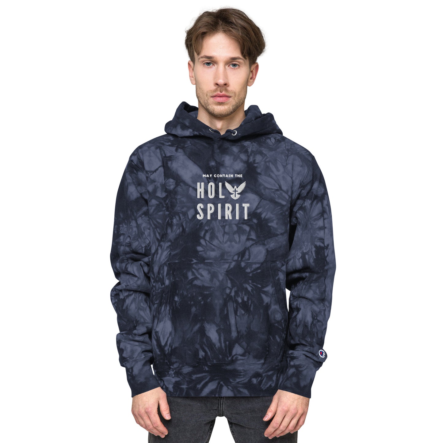 Unisex Champion tie-dye hoodie: May Contain the Holy Spirit