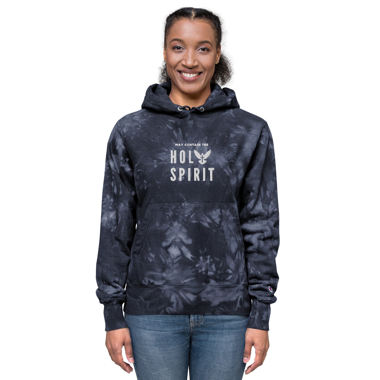 Unisex Champion tie-dye hoodie: May Contain the Holy Spirit