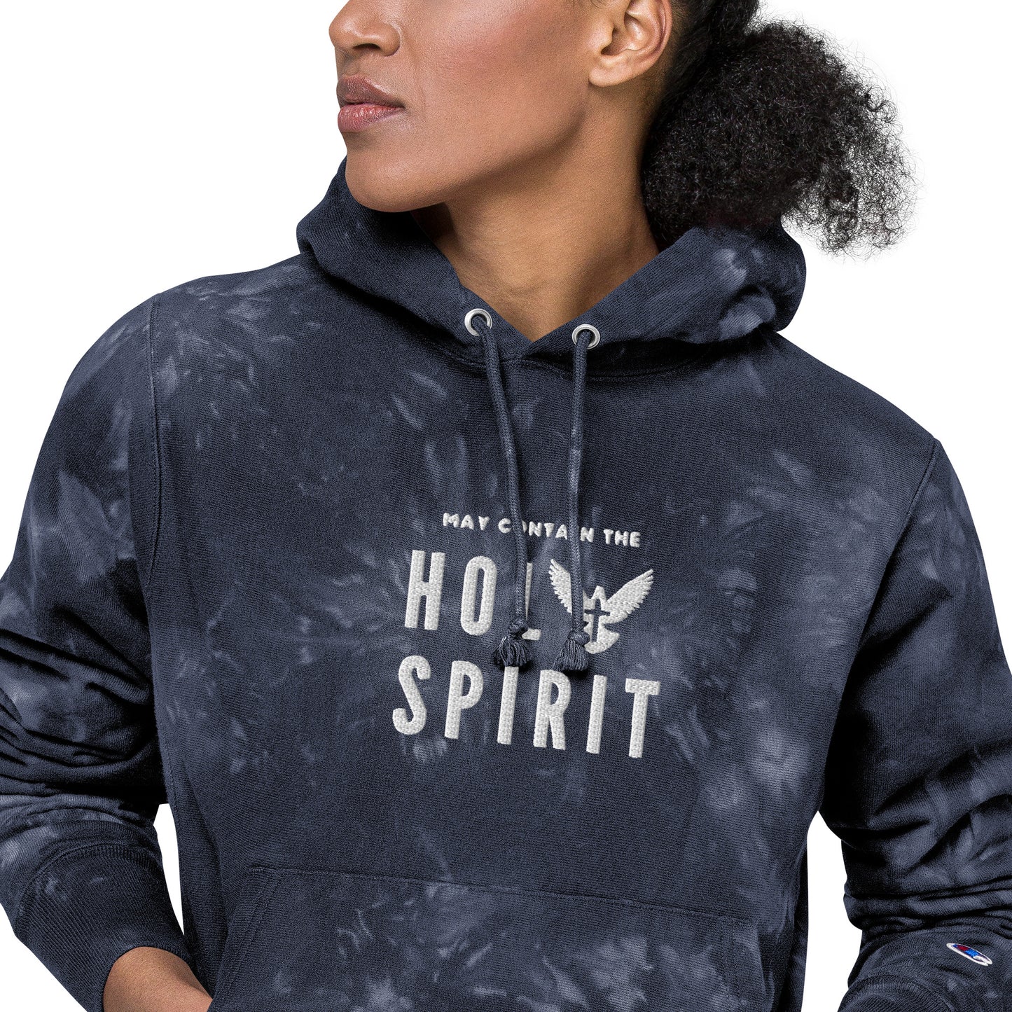 Unisex Champion tie-dye hoodie: May Contain the Holy Spirit