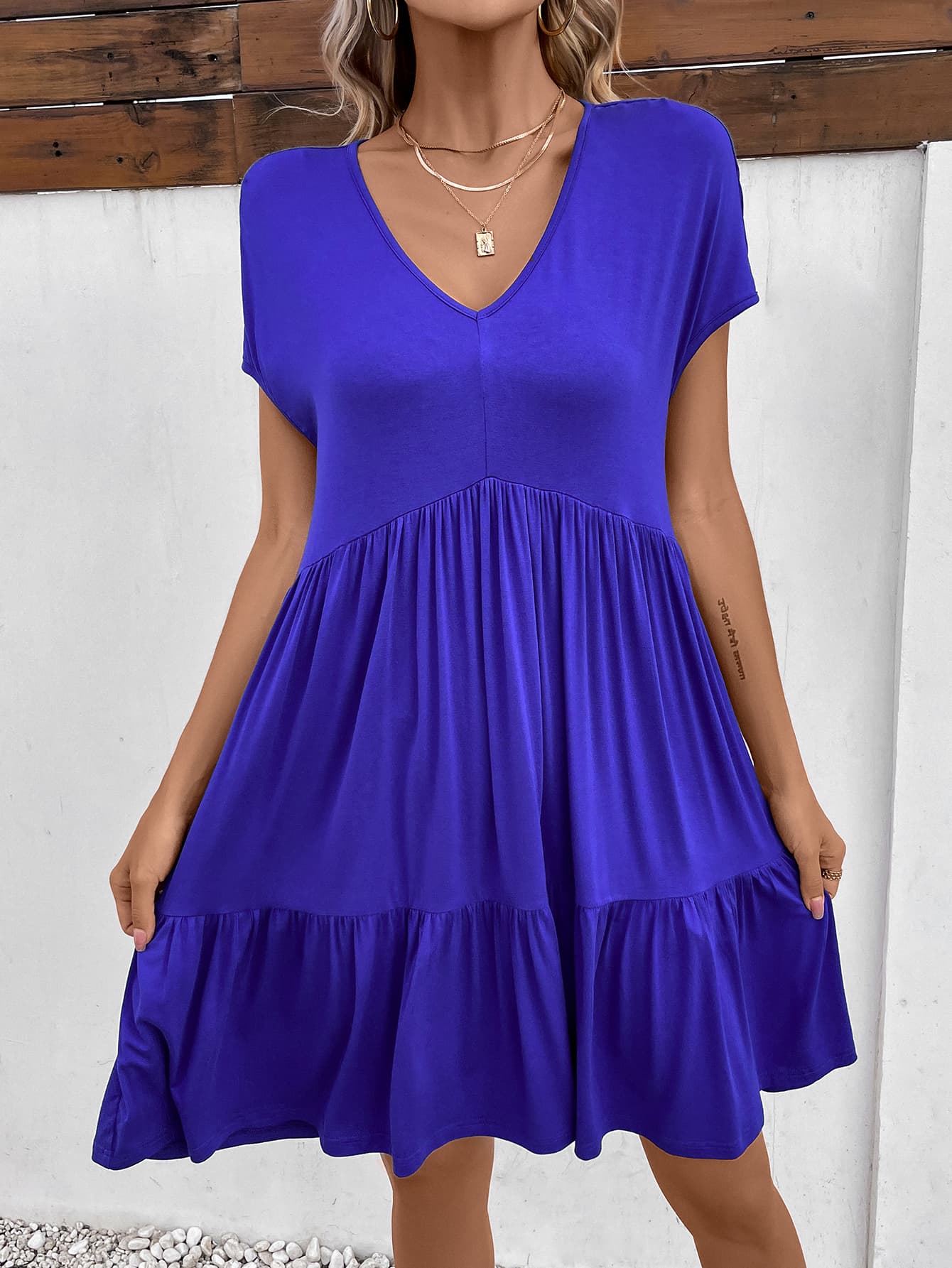 V-Neck Short Sleeve Dress with Pockets