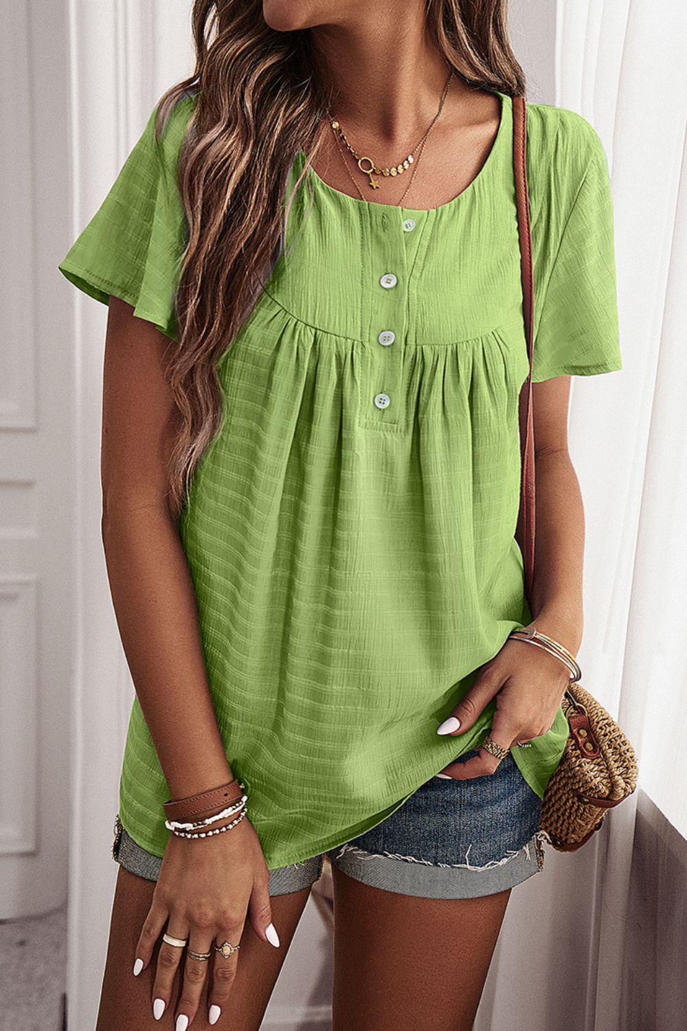 Quarter-Button Short Sleeve Top