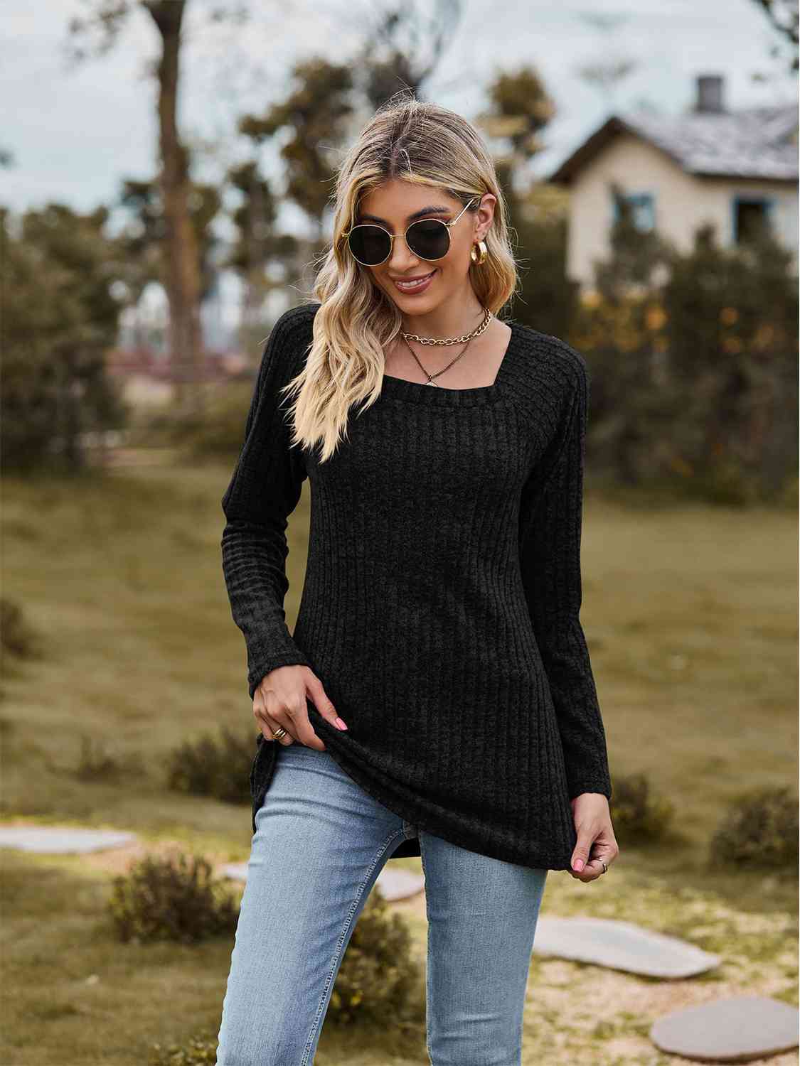 Full Size Ribbed Square Neck Long Sleeve T-Shirt