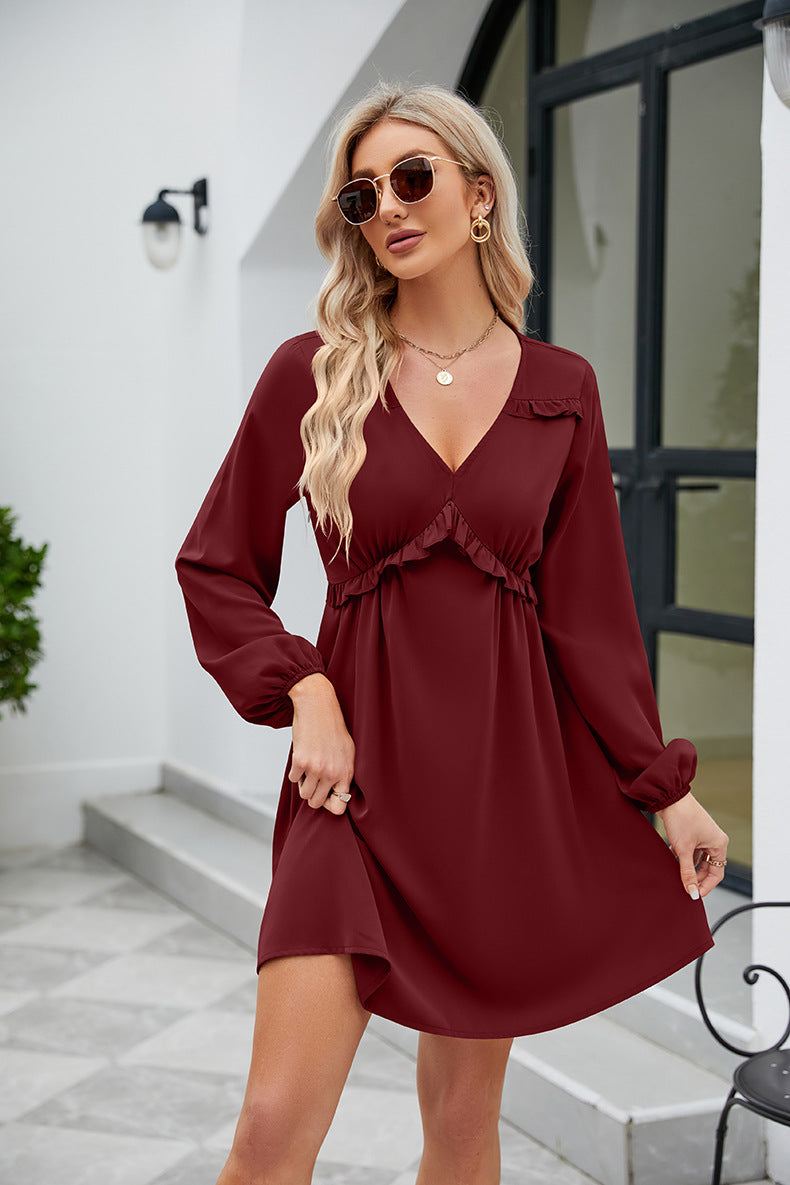 Frill Trim V-Neck Long Sleeve Dress