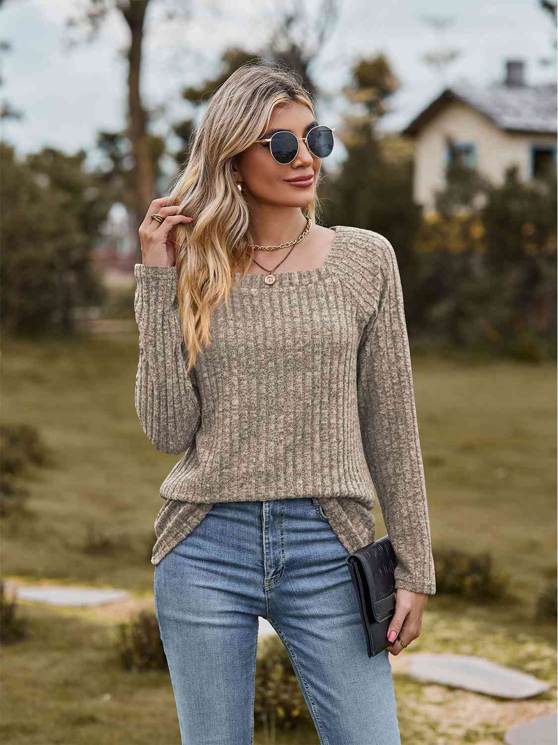 Full Size Ribbed Square Neck Long Sleeve T-Shirt