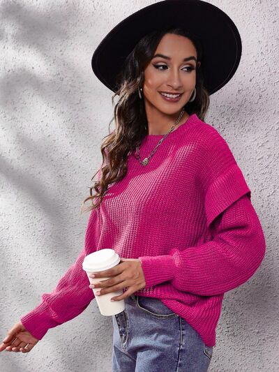 Ruffled Round Neck Dropped Shoulder Sweater