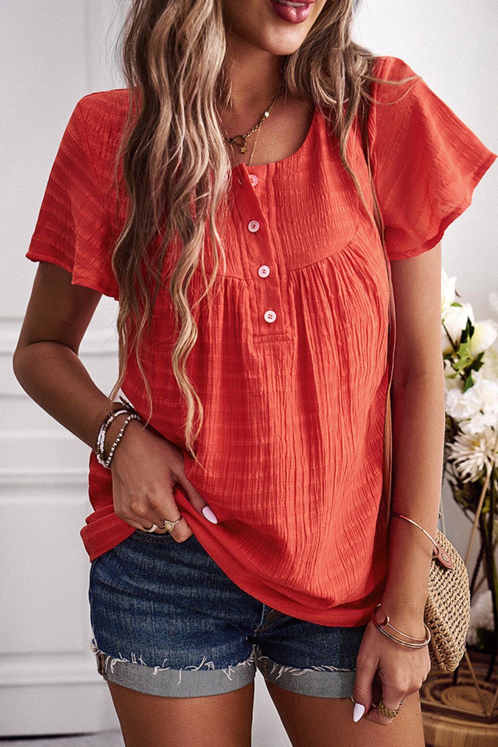 Quarter-Button Short Sleeve Top