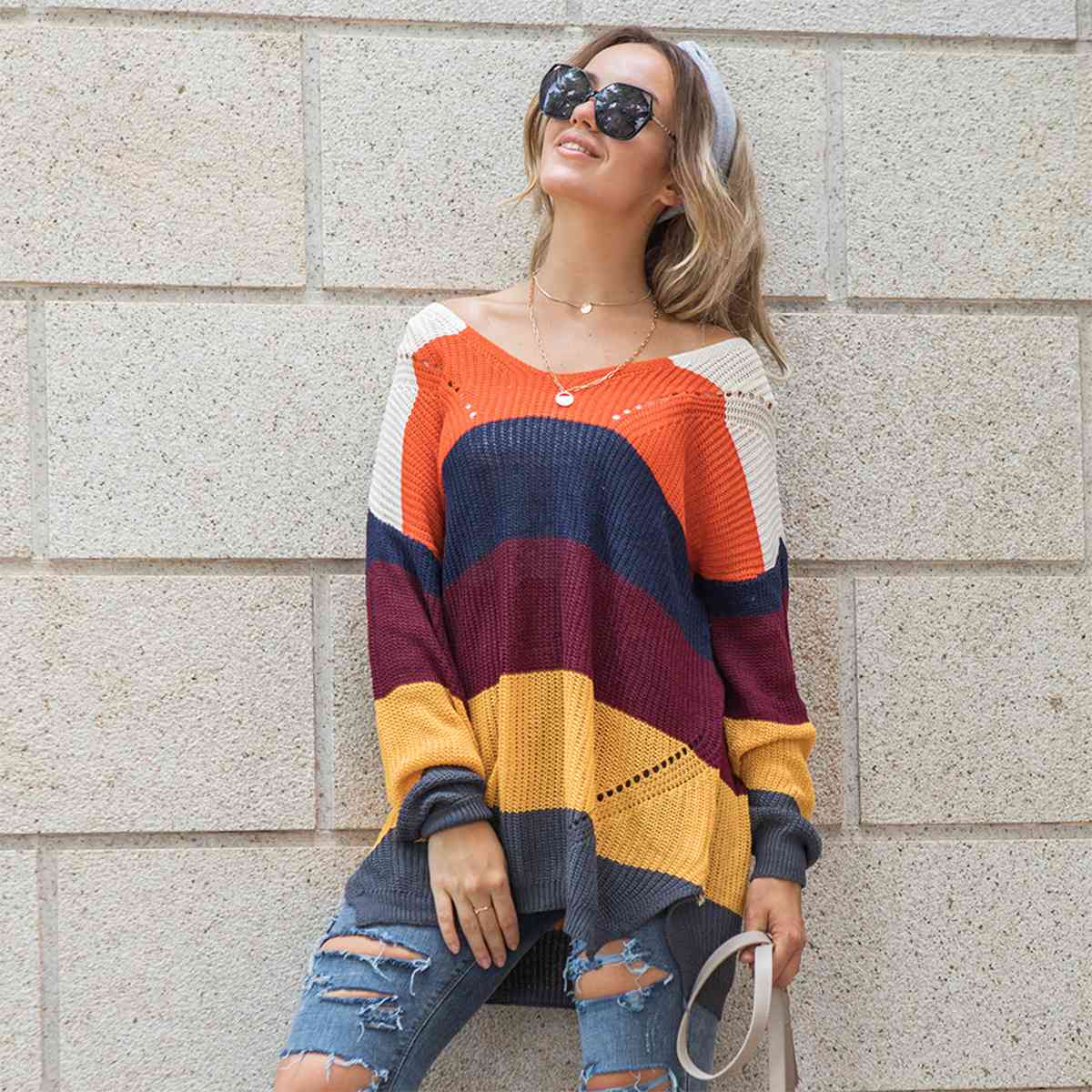 Color Block Openwork Long Sleeve Sweater