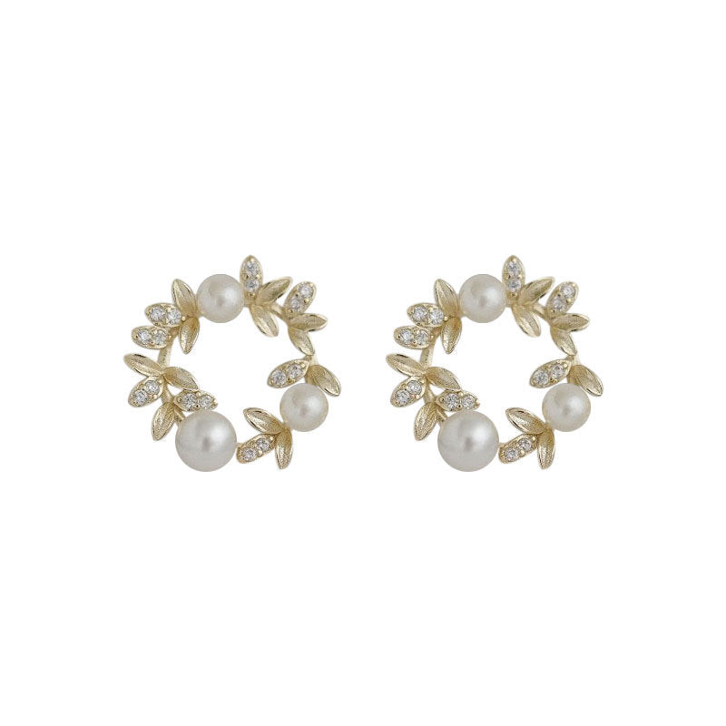 Olive Leaf & Pearl Stud Earrings (925 Sterling Silver)