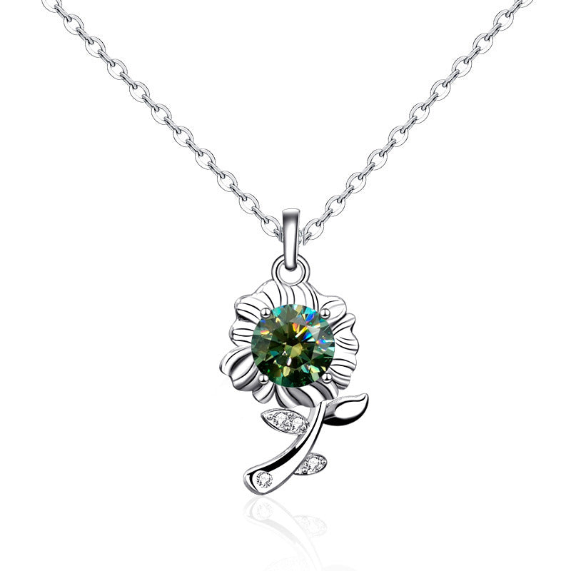 Beautiful Green Moissanite CZ Sunflower 925 Sterling Silver Necklace