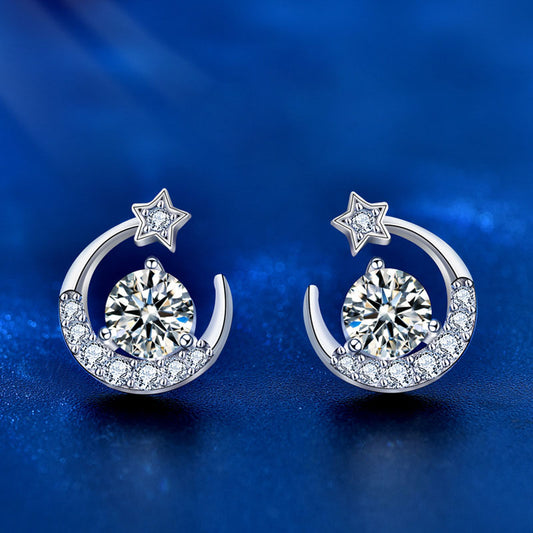 Moissanite CZ Crescent Moon Star 925 Sterling Silver Stud Earrings