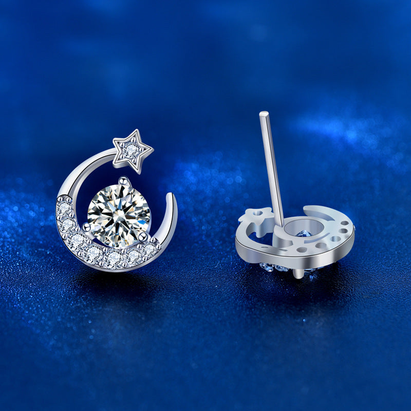 Moissanite CZ Crescent Moon Star 925 Sterling Silver Stud Earrings