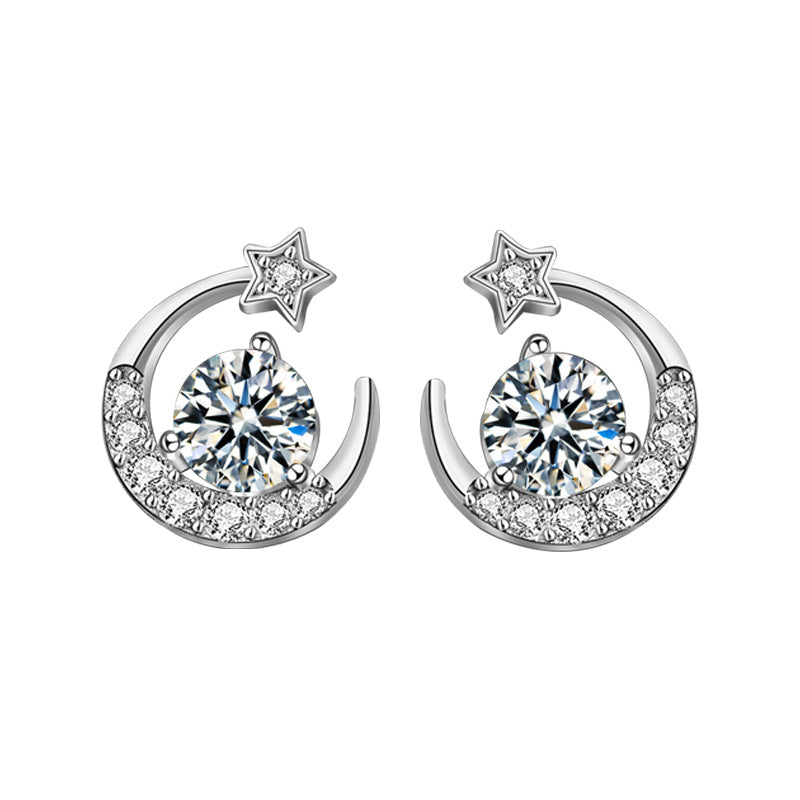 Moissanite CZ Crescent Moon Star 925 Sterling Silver Stud Earrings