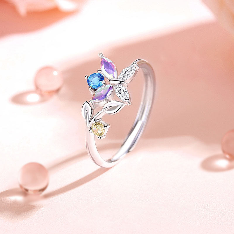 New Colorful CZ Butterfly Leaves 925 Sterling Silver Adjustable Ring