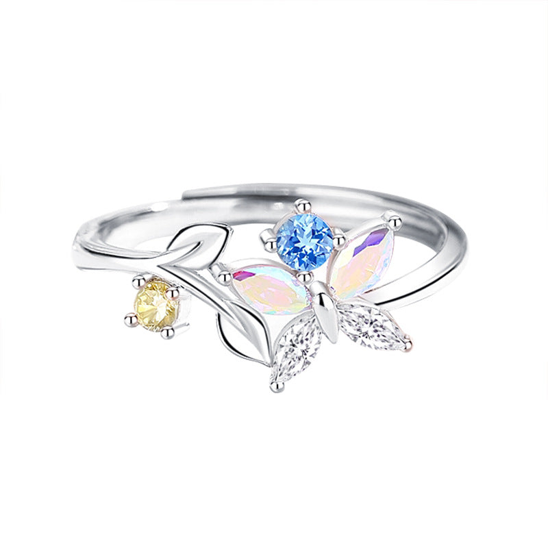 New Colorful CZ Butterfly Leaves 925 Sterling Silver Adjustable Ring