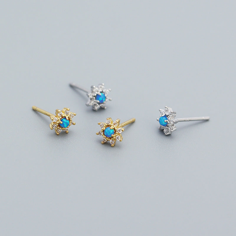 Cute Mini Blue Created Opal CZ Flower Stud Earrings (925 Sterling Silver)