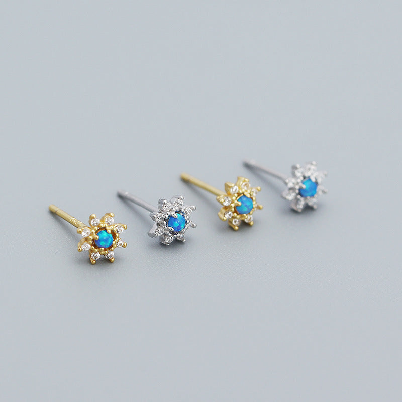 Cute Mini Blue Created Opal CZ Flower Stud Earrings (925 Sterling Silver)