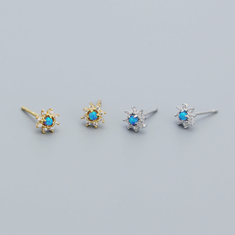 Cute Mini Blue Created Opal CZ Flower Stud Earrings (925 Sterling Silver)