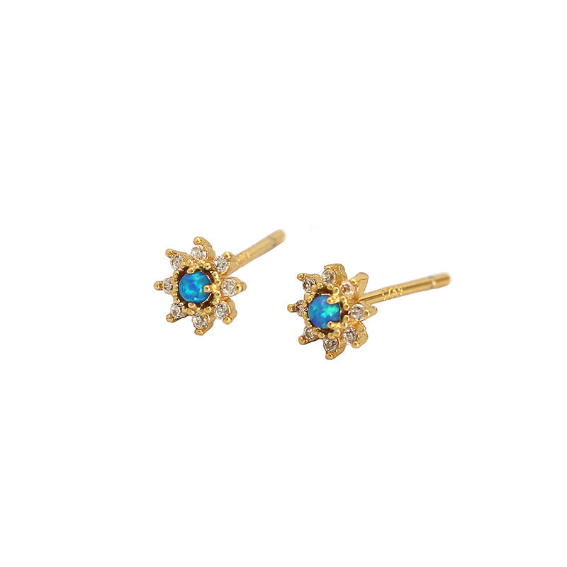 Cute Mini Blue Created Opal CZ Flower Stud Earrings (925 Sterling Silver)