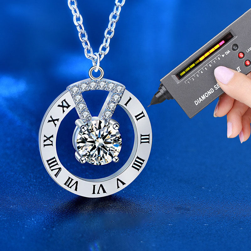 Moissanite CZ Roman Numeral Clock 925 Sterling Silver Necklace