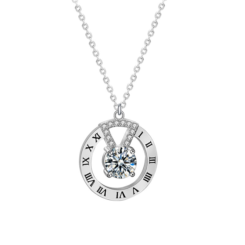 Moissanite CZ Roman Numeral Clock 925 Sterling Silver Necklace